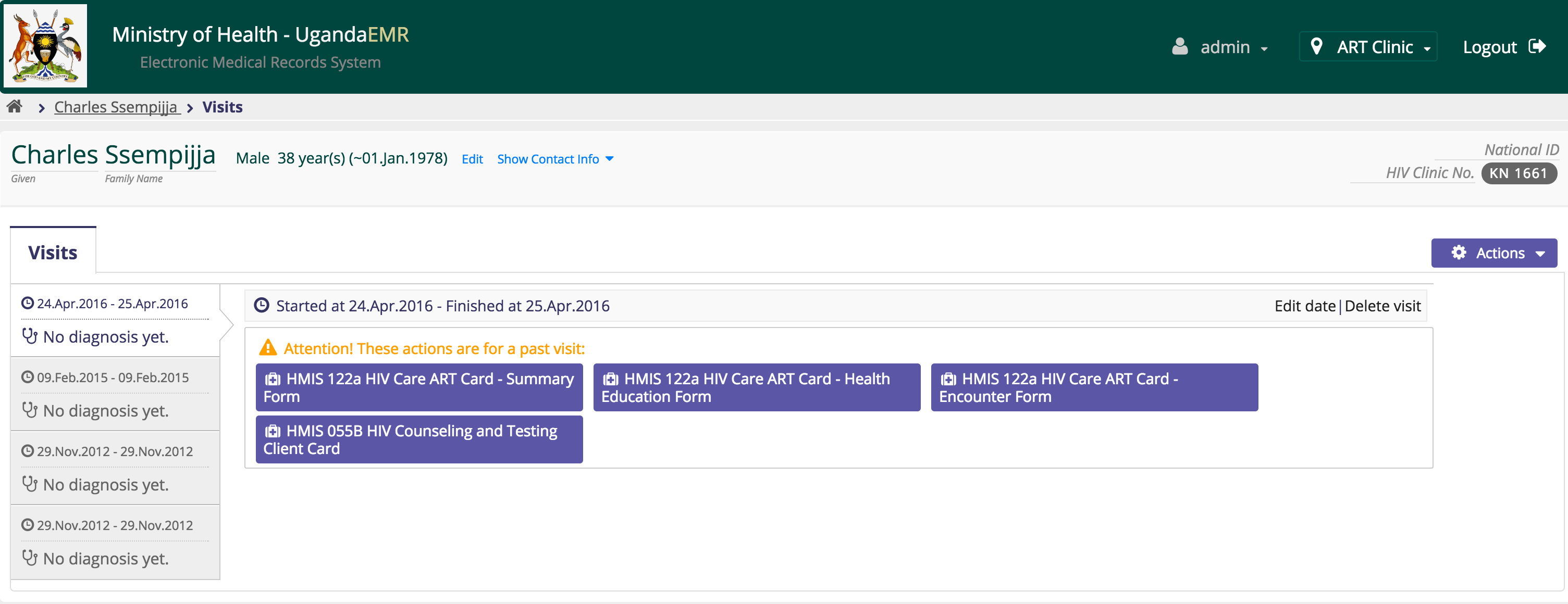 Screen after adding new visit